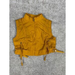 WAYDAMIN Womens Cropped Utility Vest Mustard Yellow Zip Front Streetwear Small